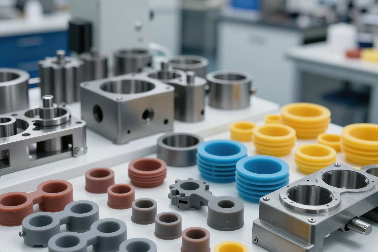 Moulded silicone bushes and seals in several colours beside the steel tools that formed them.