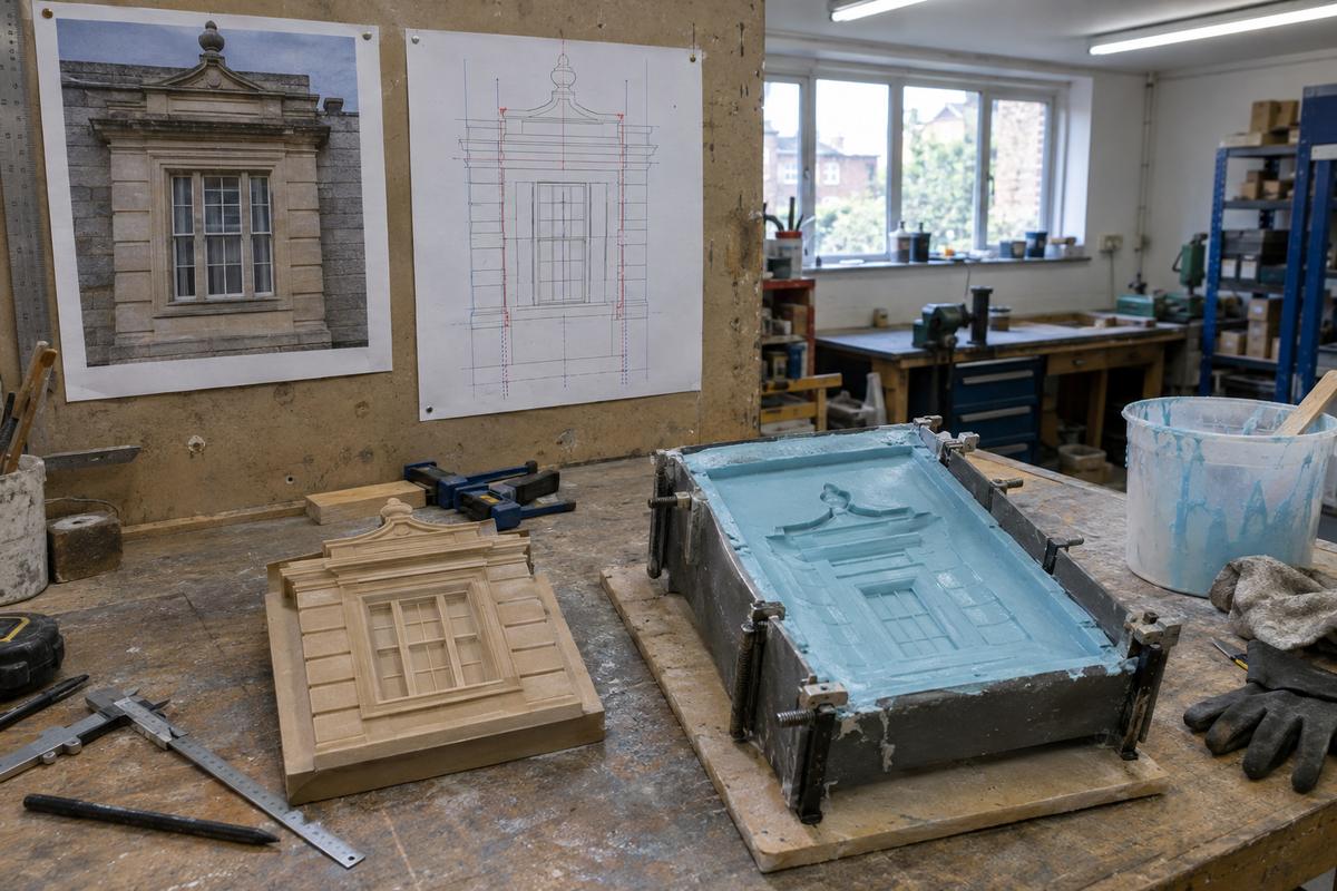 Pattern room bench showing drawing, master pattern and silicone formliner section