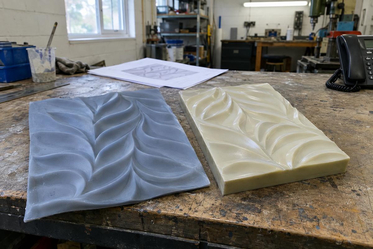 Silicone and polyurethane tooling samples compared on a worn workshop bench