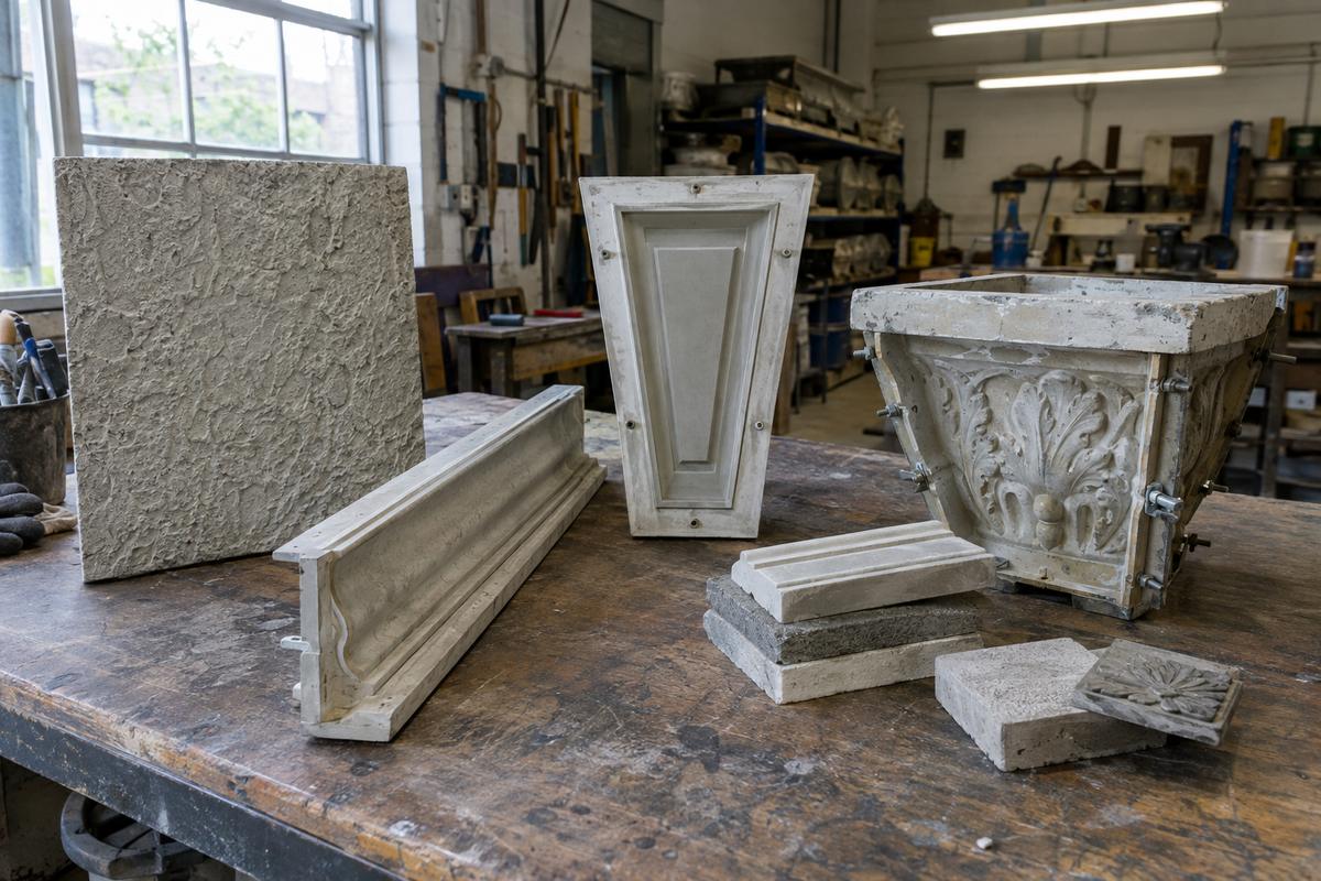 Different concrete tooling applications grouped on a workshop table