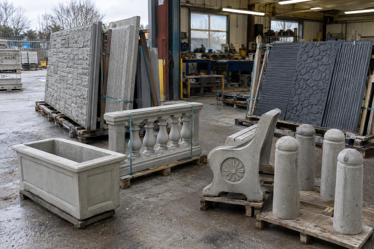 Precast panels, balustrade parts, planter and bollards beside formliner mats