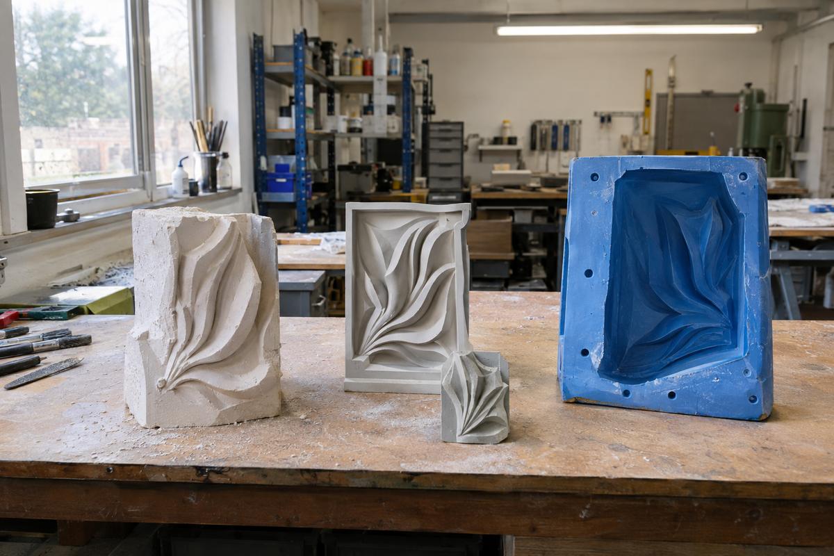 Concept model, sample cast and finished mould on one bench