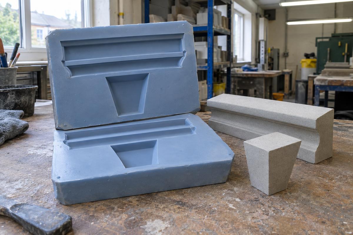 Silicone mould cavities and cast sample showing sharp stone arrises