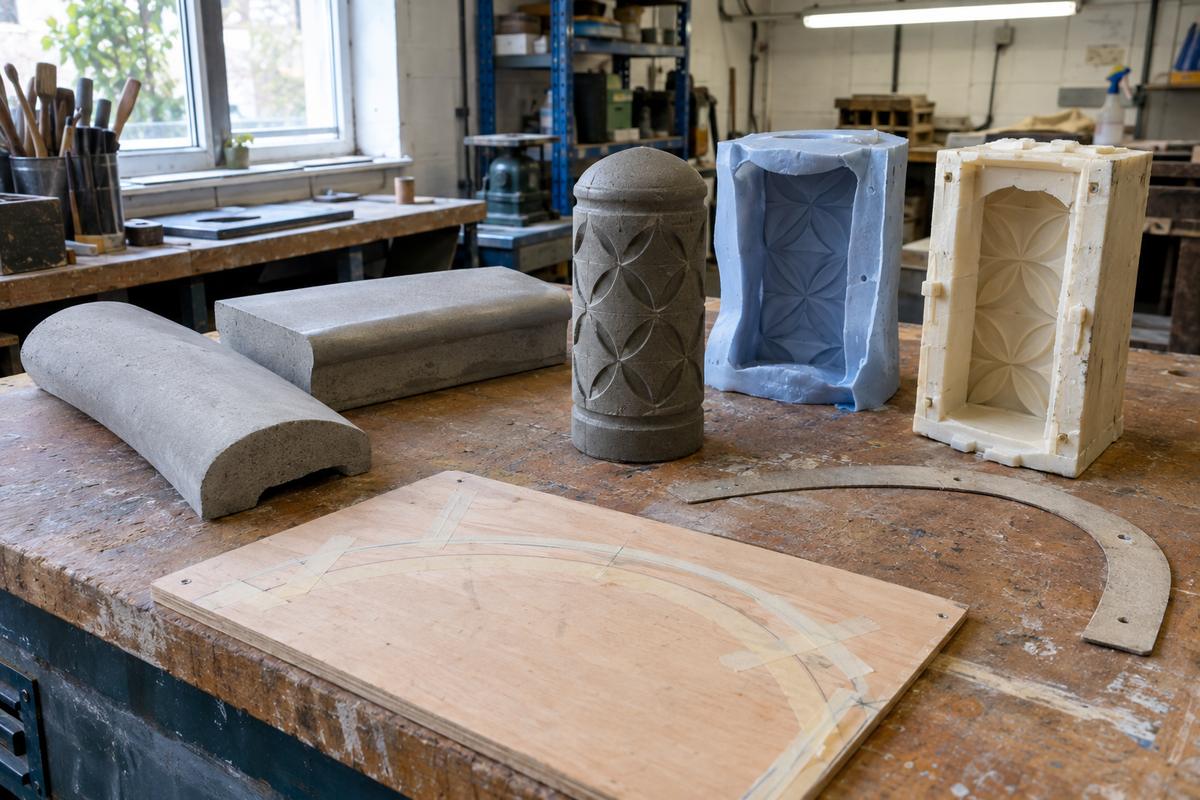 Curved coping, step and bollard mould options on a workshop bench