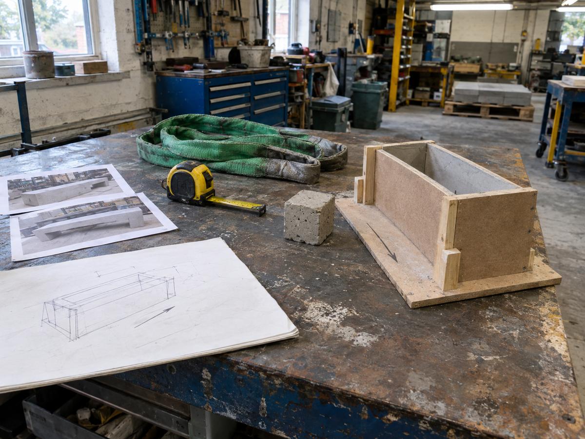 Sketches, site references and a simple mould layout on a workbench