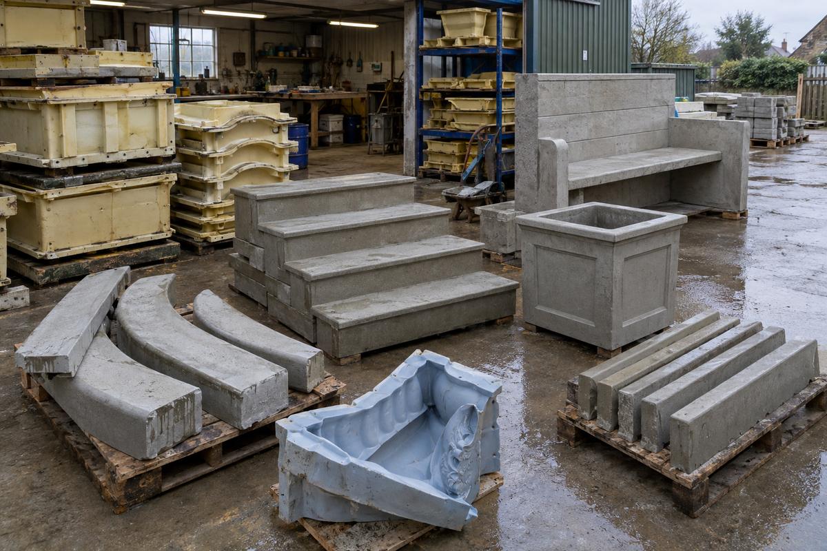 Copings, steps, edging and bespoke landscape castings in a small precast yard