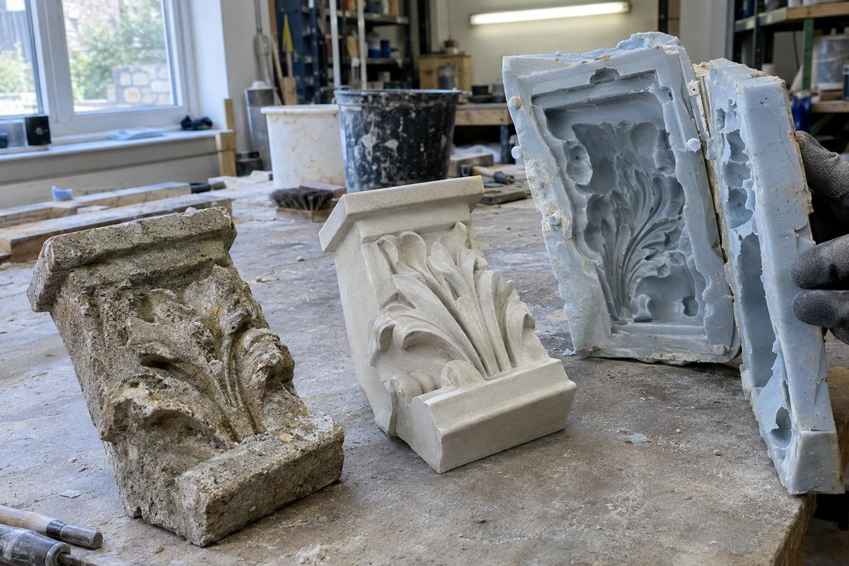 Original stone fragment, matching cast copy and opened silicone mould