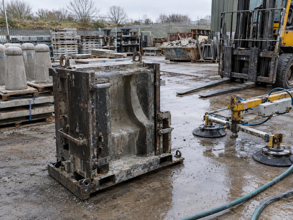 Heavy landscape moulds beside handling equipment in a wet concrete yard