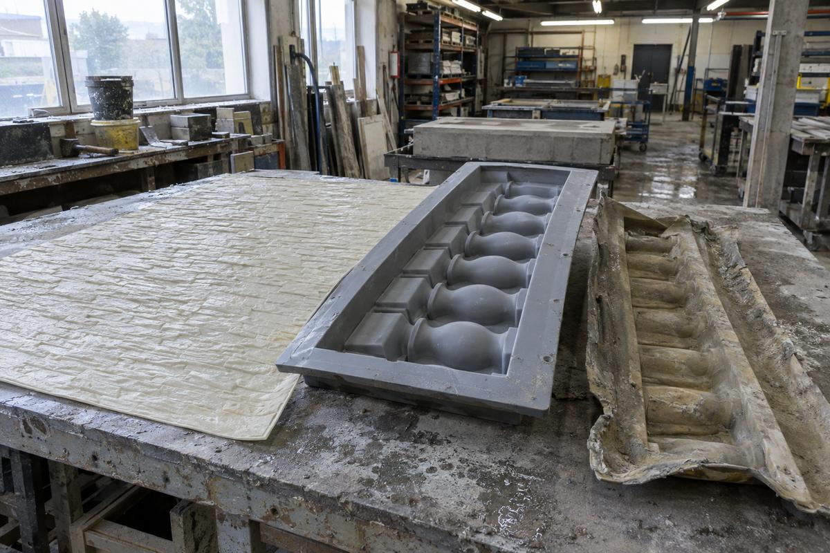 Three types of precast concrete tooling on a factory bench