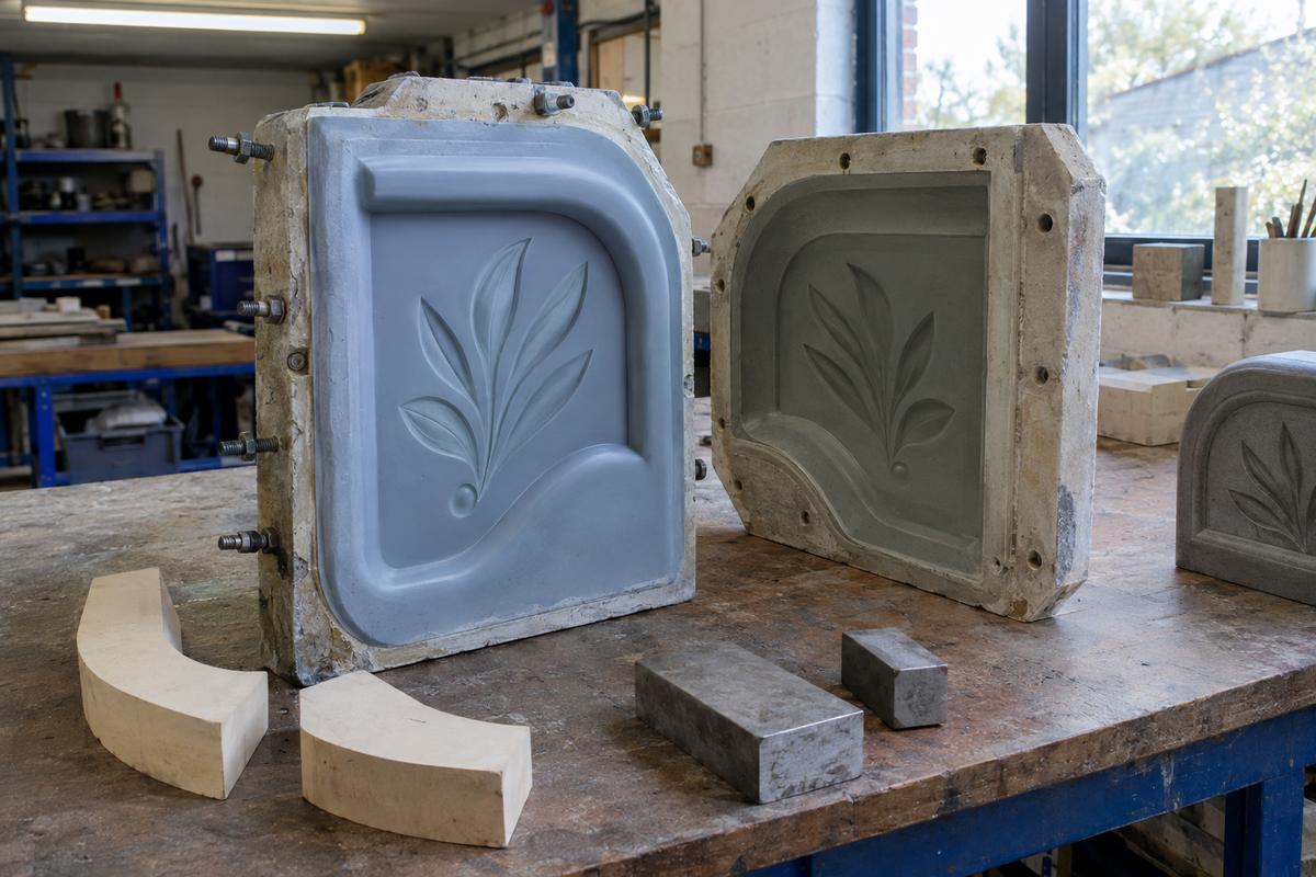 Split mould with silicone relief face for a bench end