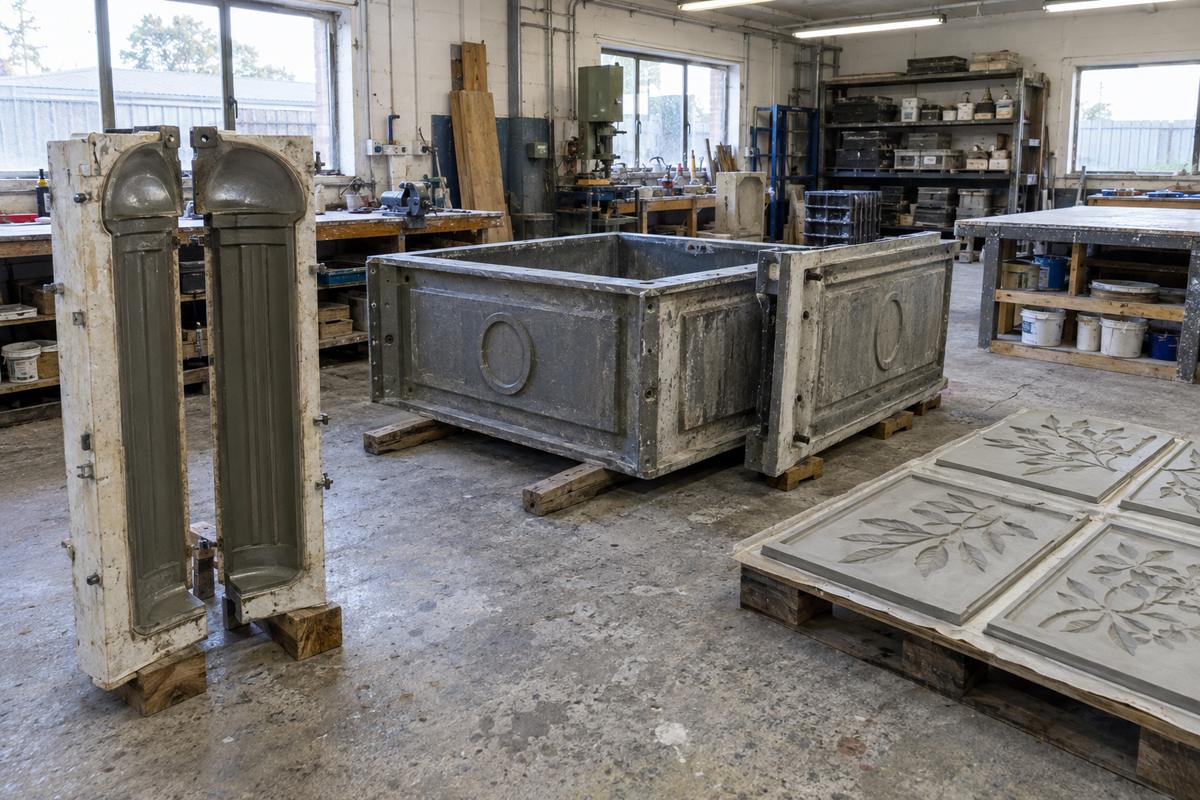 Three types of public realm moulds in a workshop yard