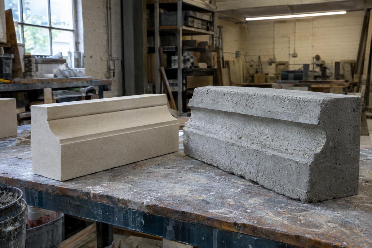 Cast stone style sample beside a textured precast concrete sample