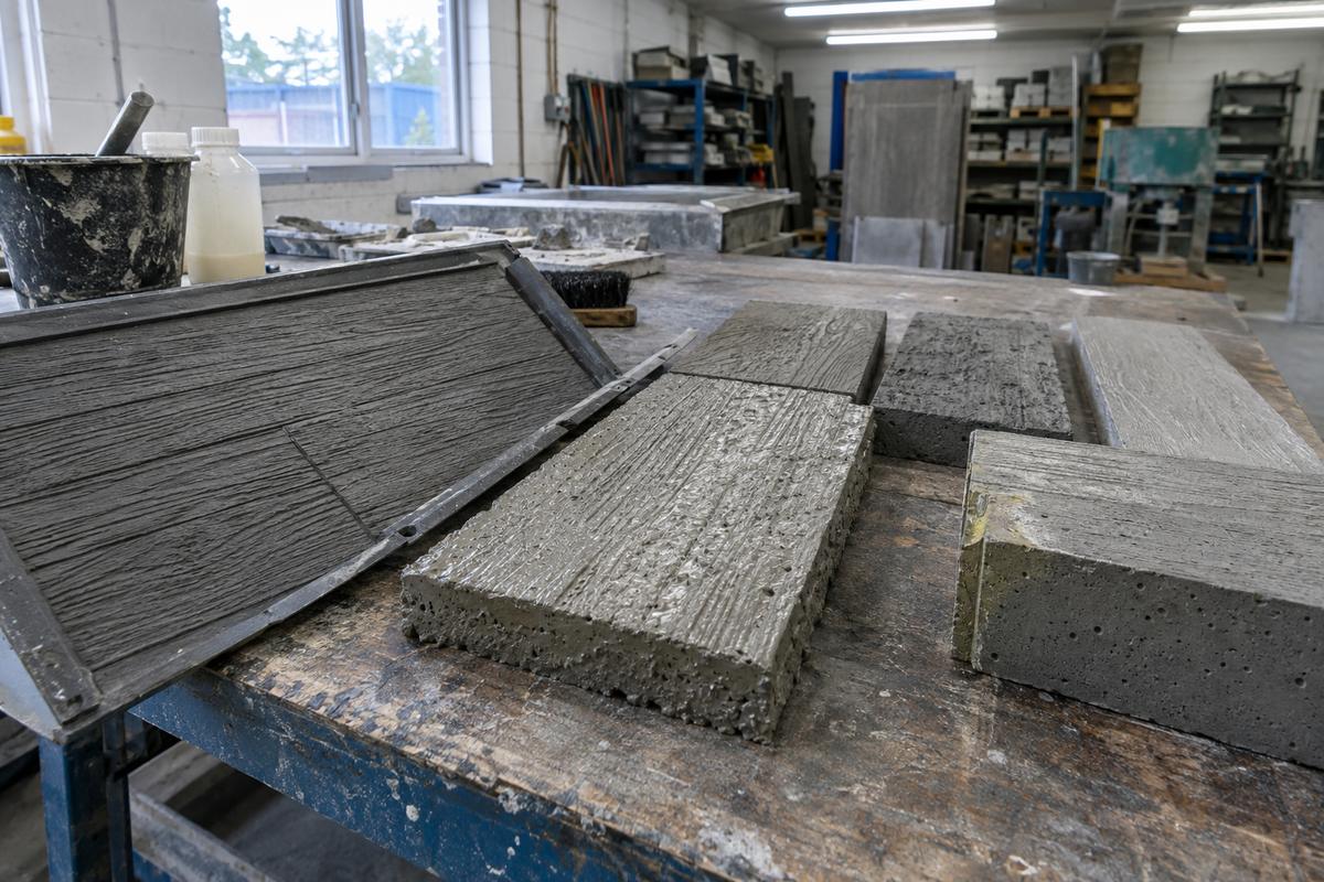 Formliner sample beside different concrete mixes on a bench