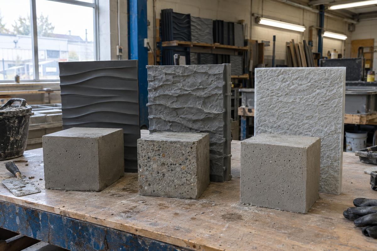 Concrete mix test blocks with different formliner material sections