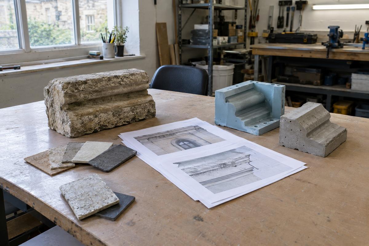 Stone sample, mould and drawings laid out for project agreement
