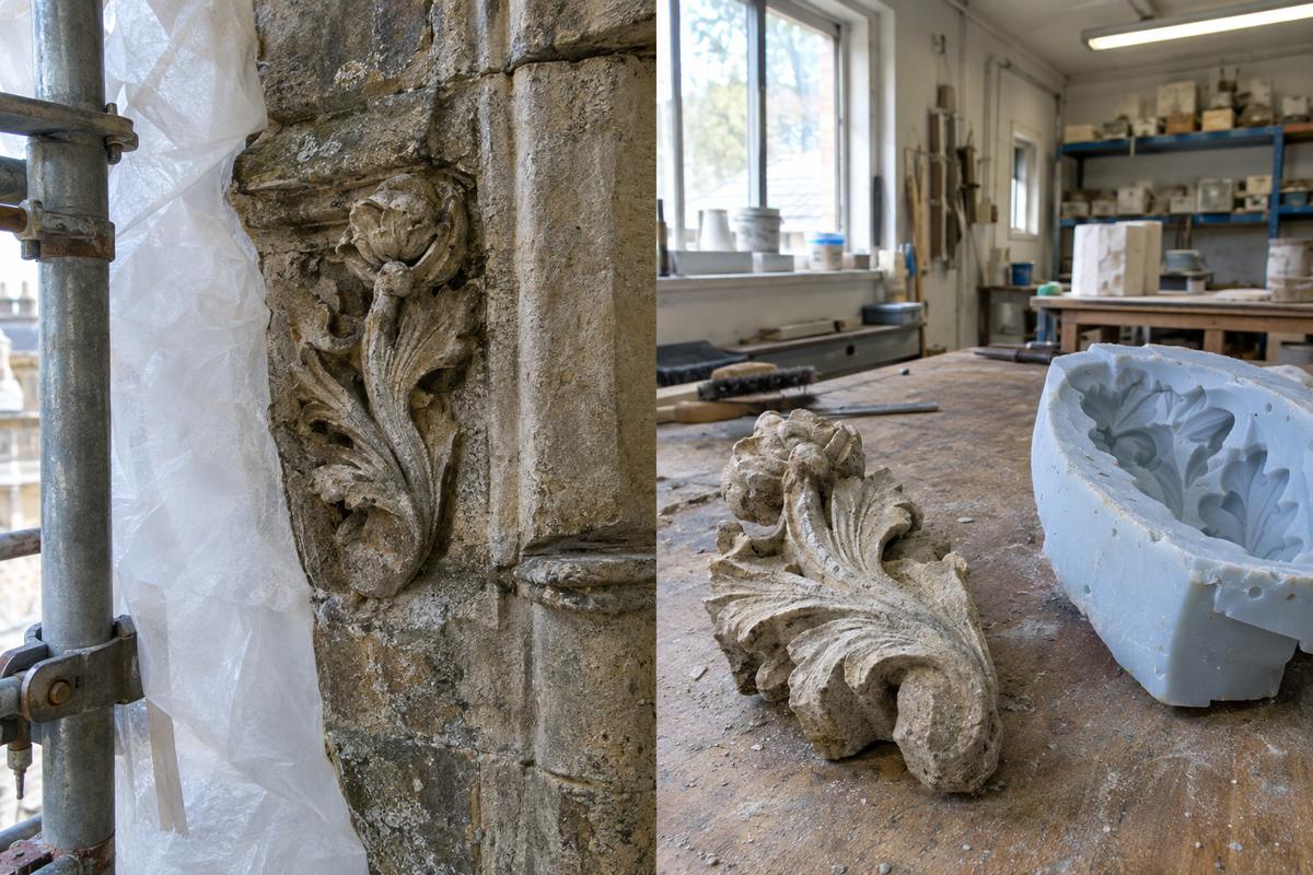 Fixed stone detail compared with salvaged piece on a bench