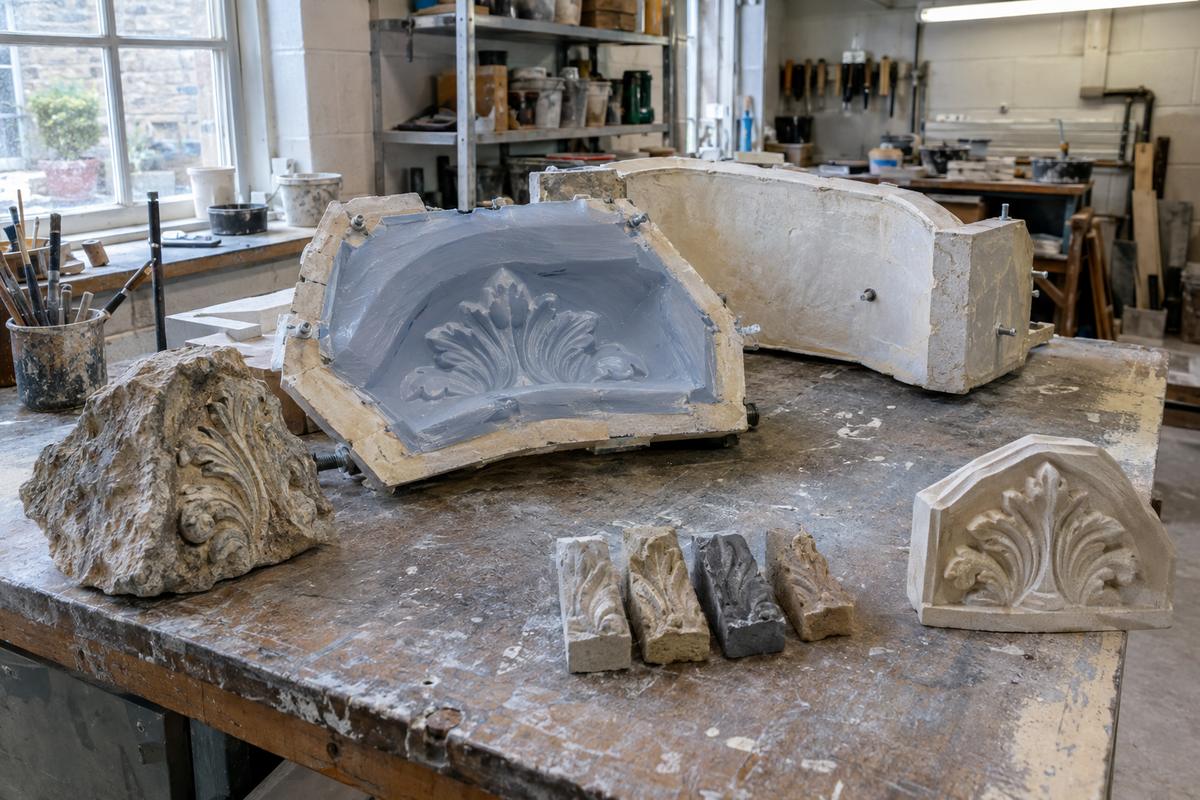 Heritage fragment, silicone mould, trial casts and finished replacement detail