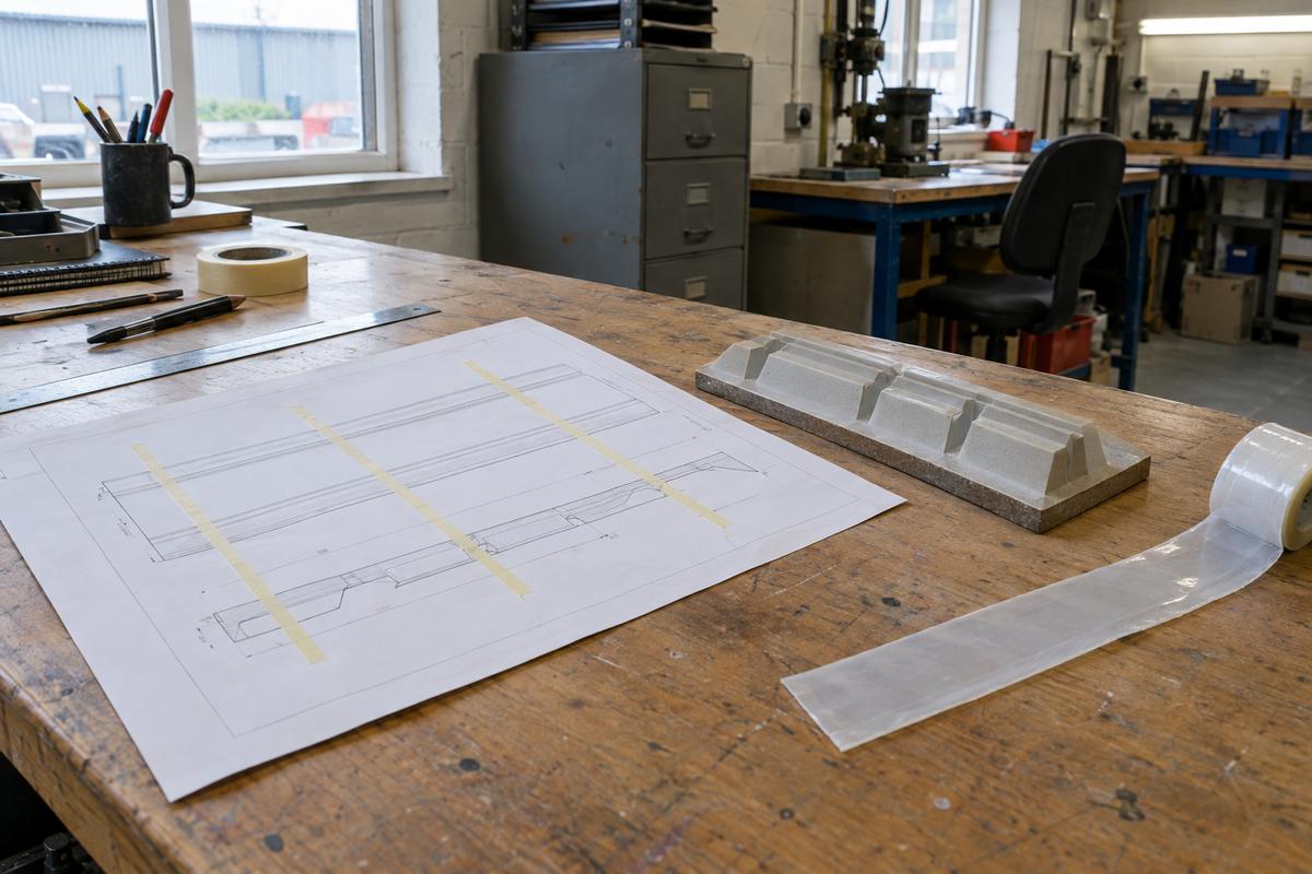 Elevation drawing marked with proposed splice lines beside liner sample