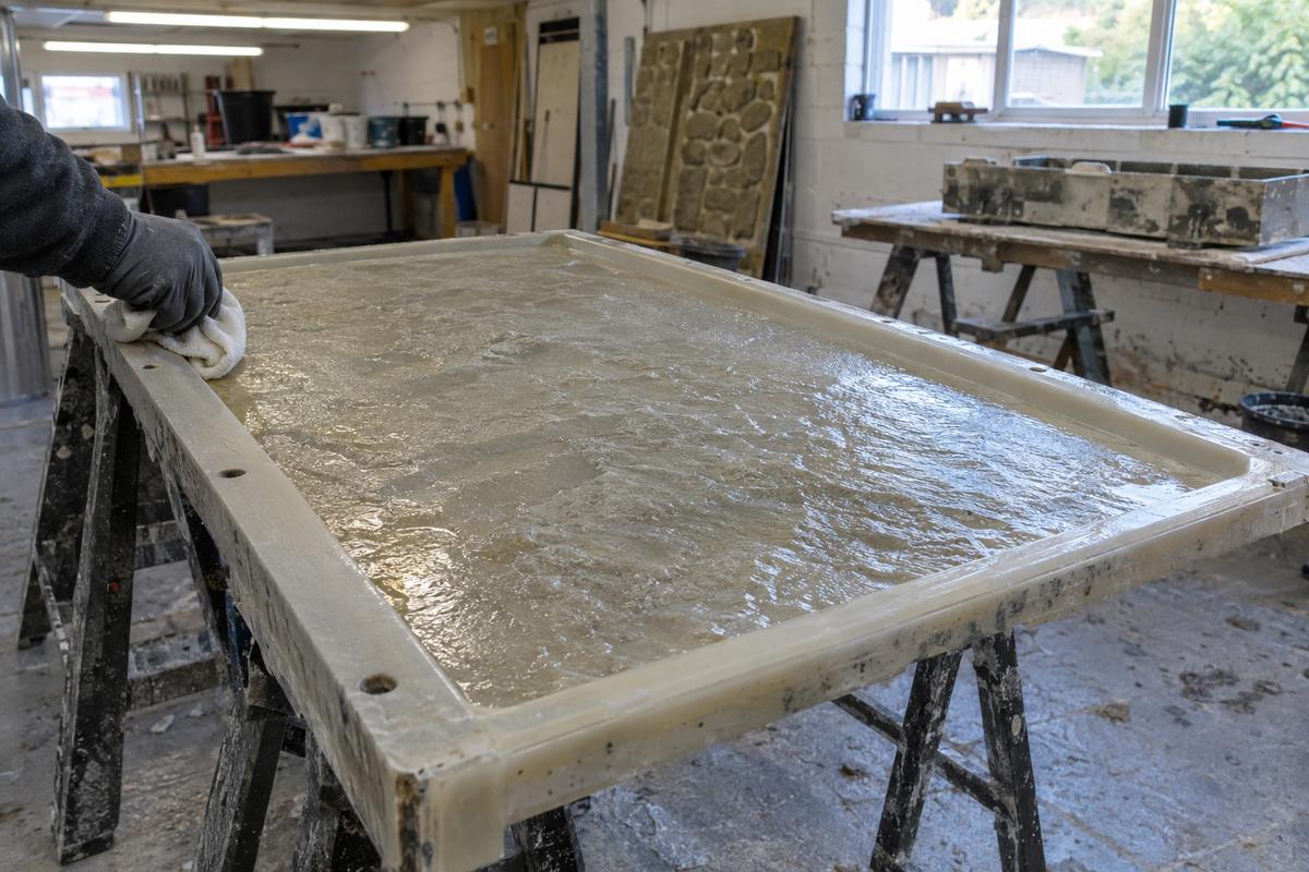 Thin even release coat on textured mould surface before pouring