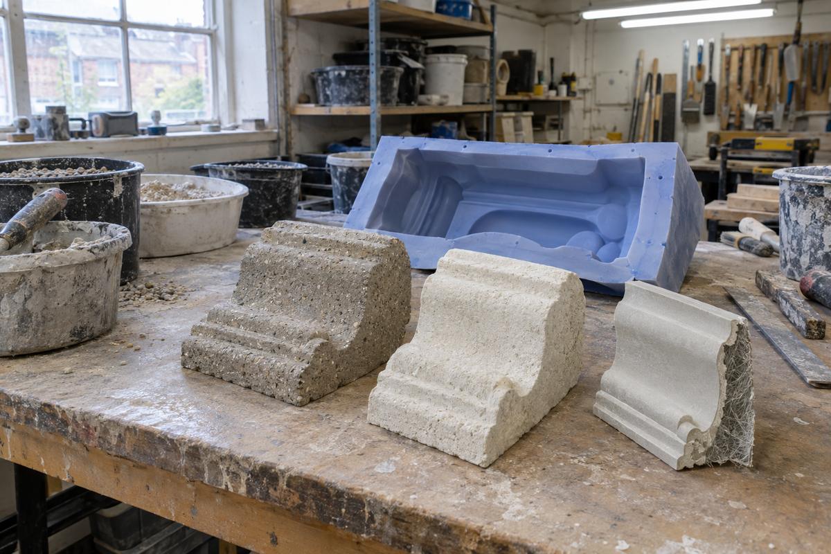 Cast stone, lime and GRC samples beside a silicone heritage mould