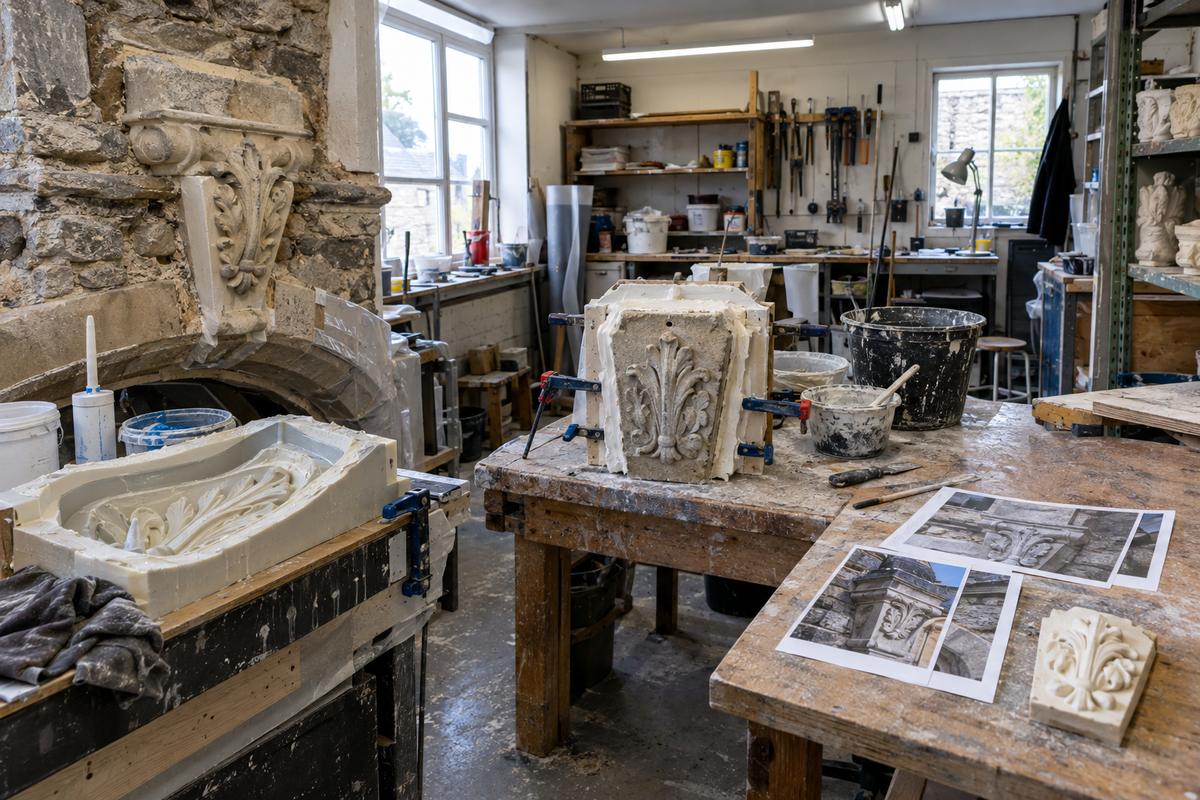 Three heritage moulding situations shown across one busy workshop space