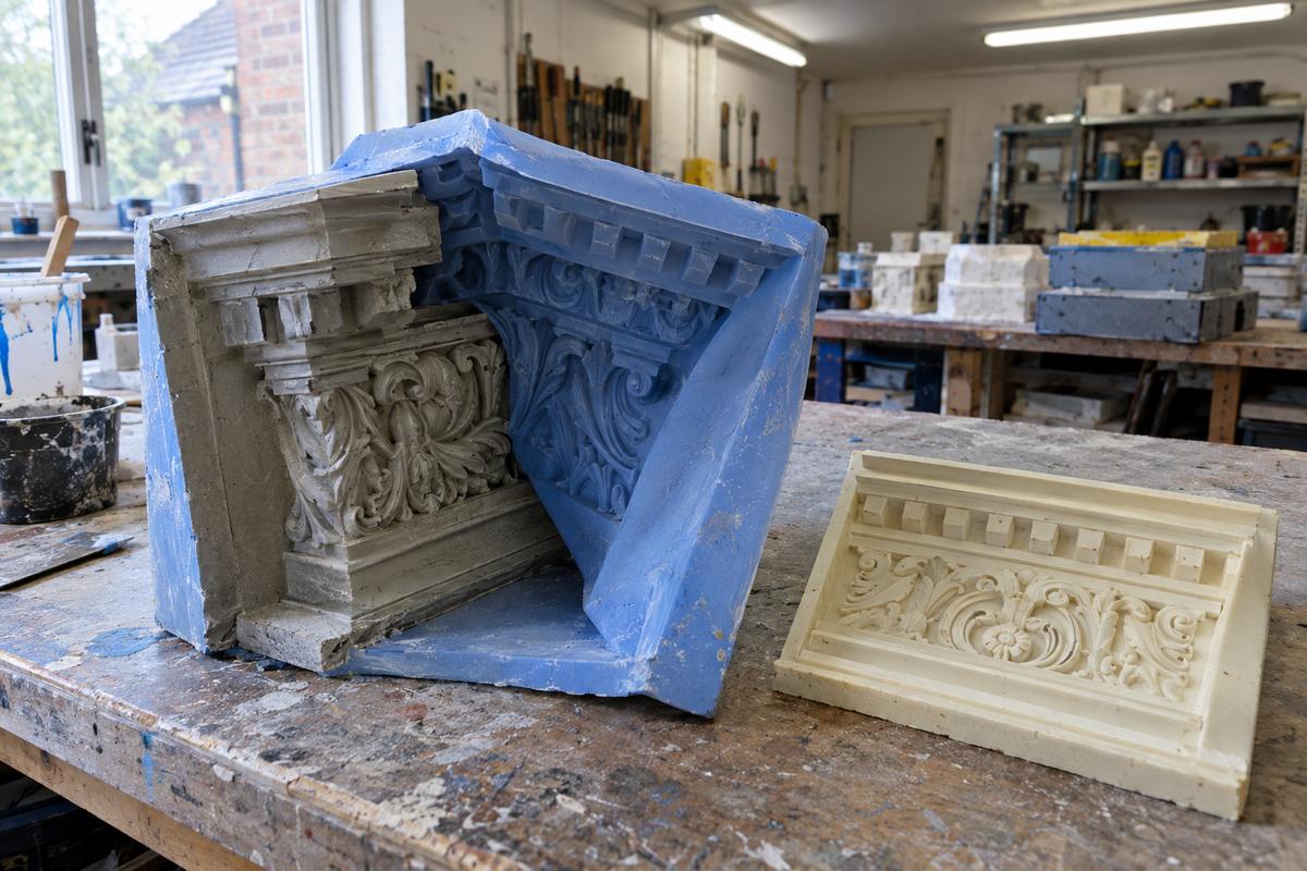 Flexible silicone mould lifting from deep undercut architectural ornament on a workbench