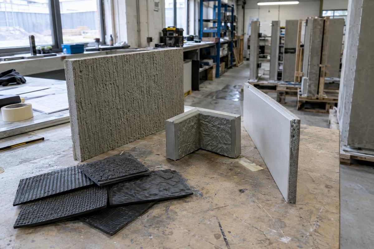 Concrete texture sample, mould pieces and panel mock-up laid out together