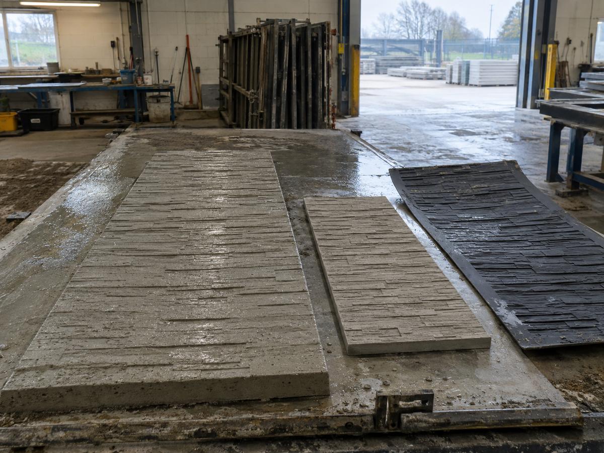 First-off textured concrete panel compared with reference sample at casting bed