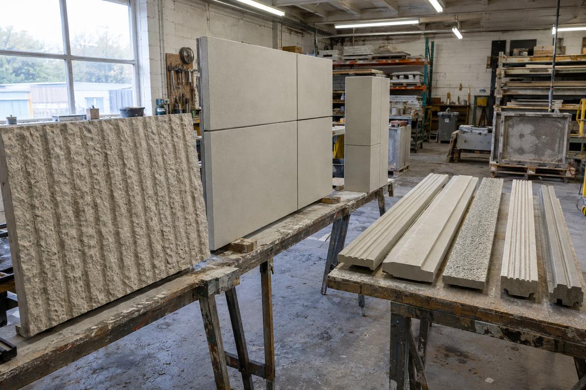 Mock cladding panel with joint breaks and texture samples in workshop