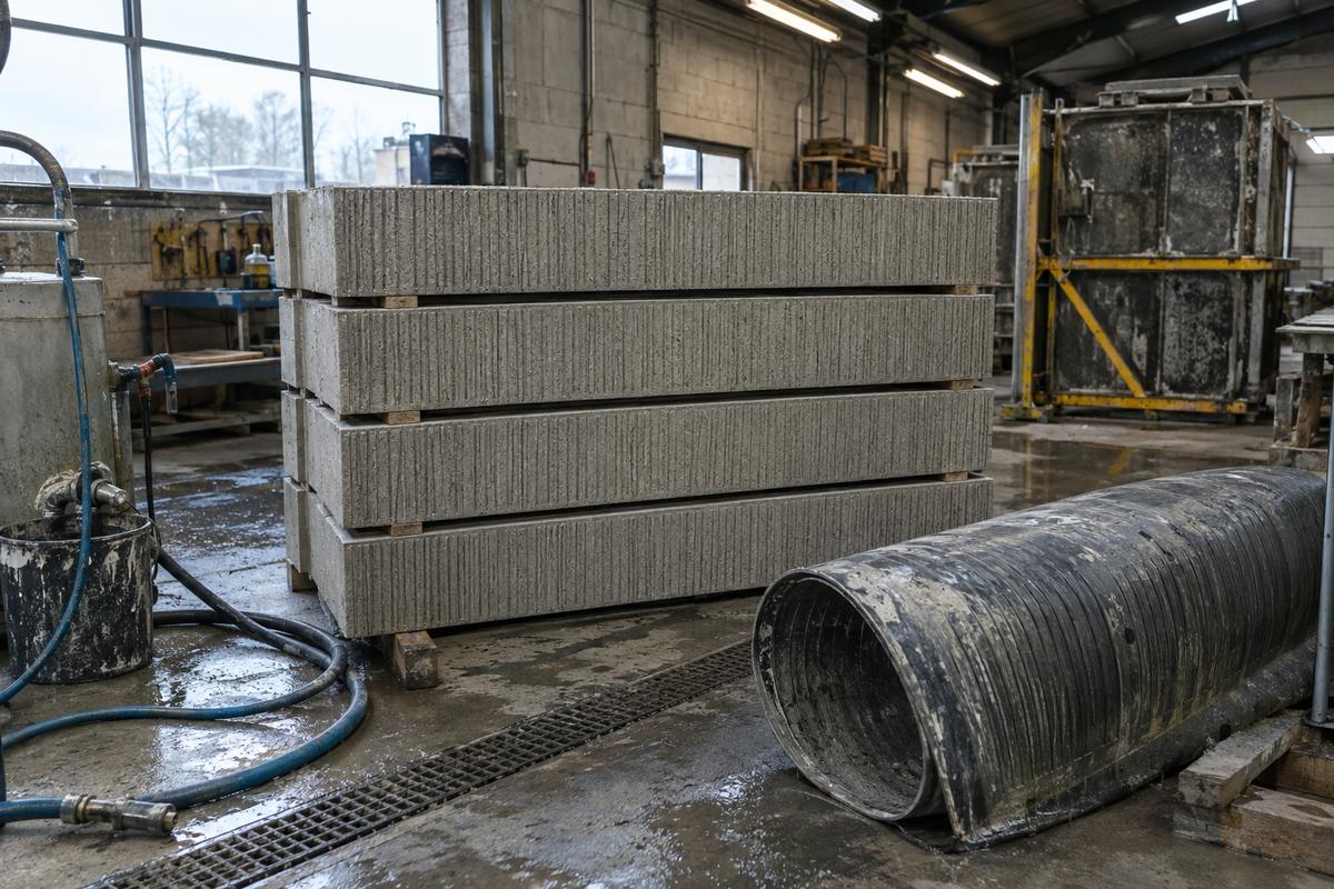 Stacked textured concrete panels with used formliner in a working yard