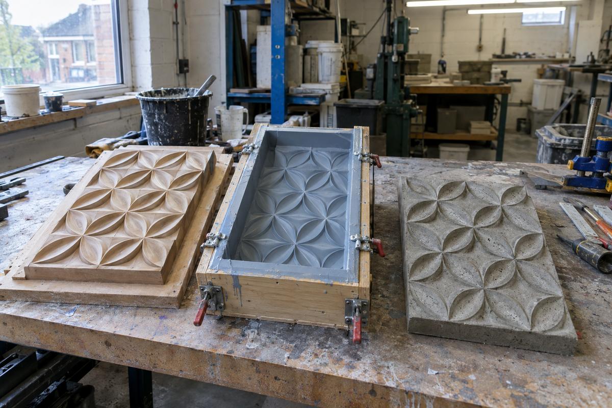 Pattern master, finished mould and concrete sample shown together on bench