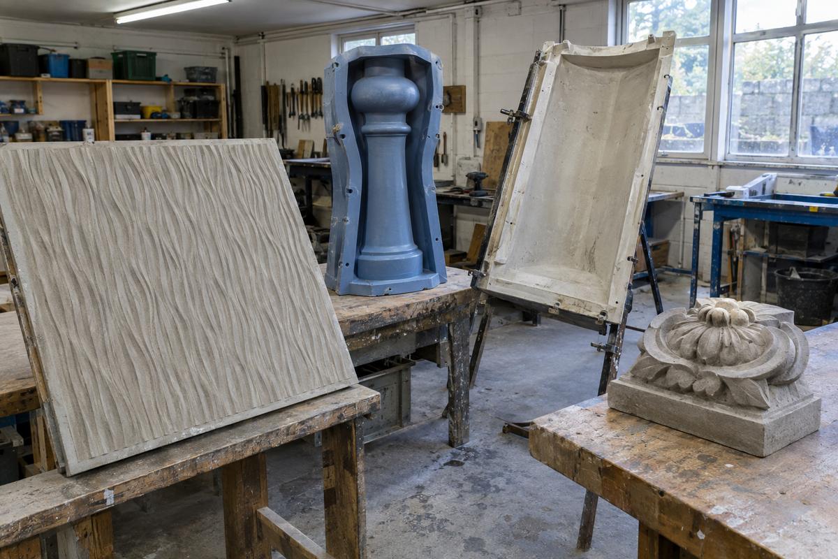Formliner, unit mould, thin-shell tool and replacement ornament in workshop