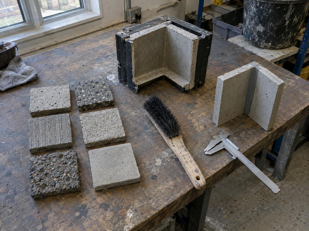 Concrete samples, cut mould corner and tools arranged on worn bench