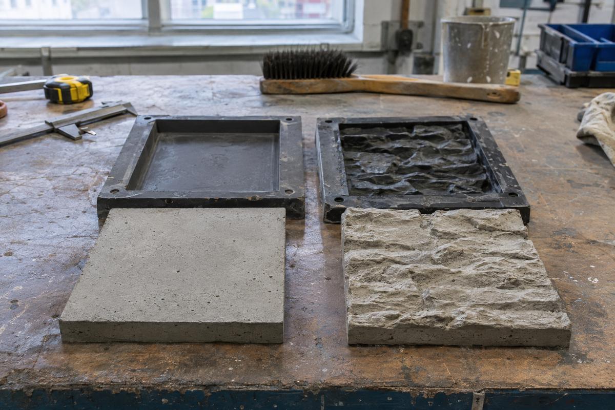 Two concrete texture samples and matching mould sections compared on bench