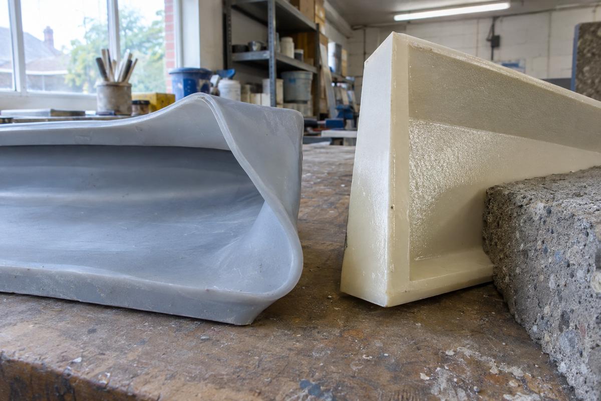 Silicone mould edge folded beside firmer polyurethane formliner and concrete sample