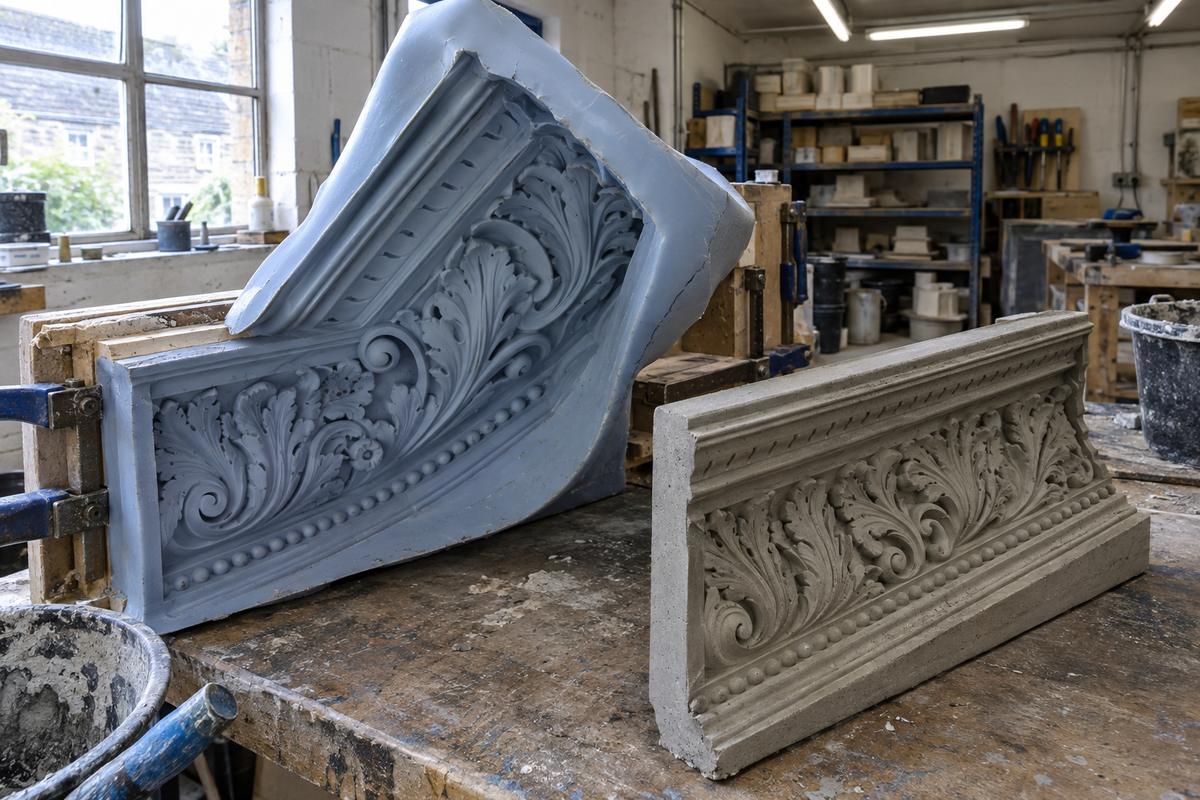 Silicone mould lifting from ornate cornice master with deep undercuts