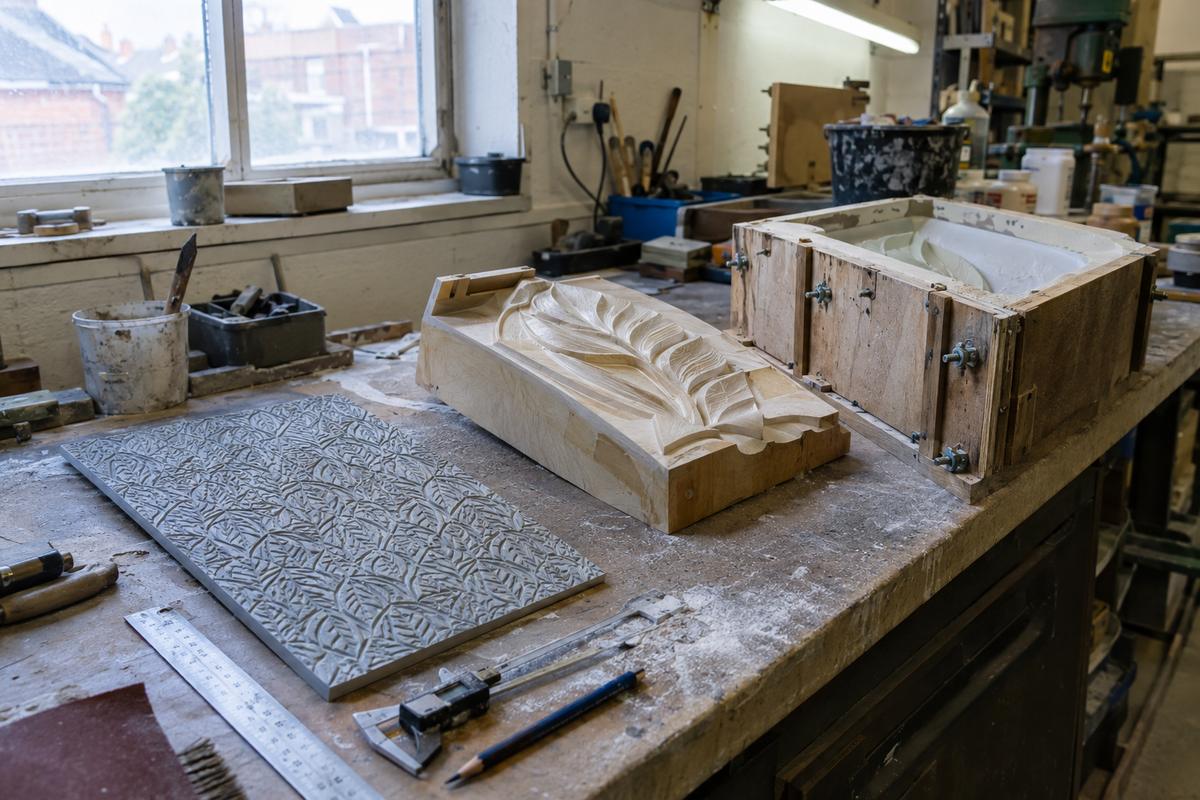 Single workshop bench showing pattern and mould stages kept together