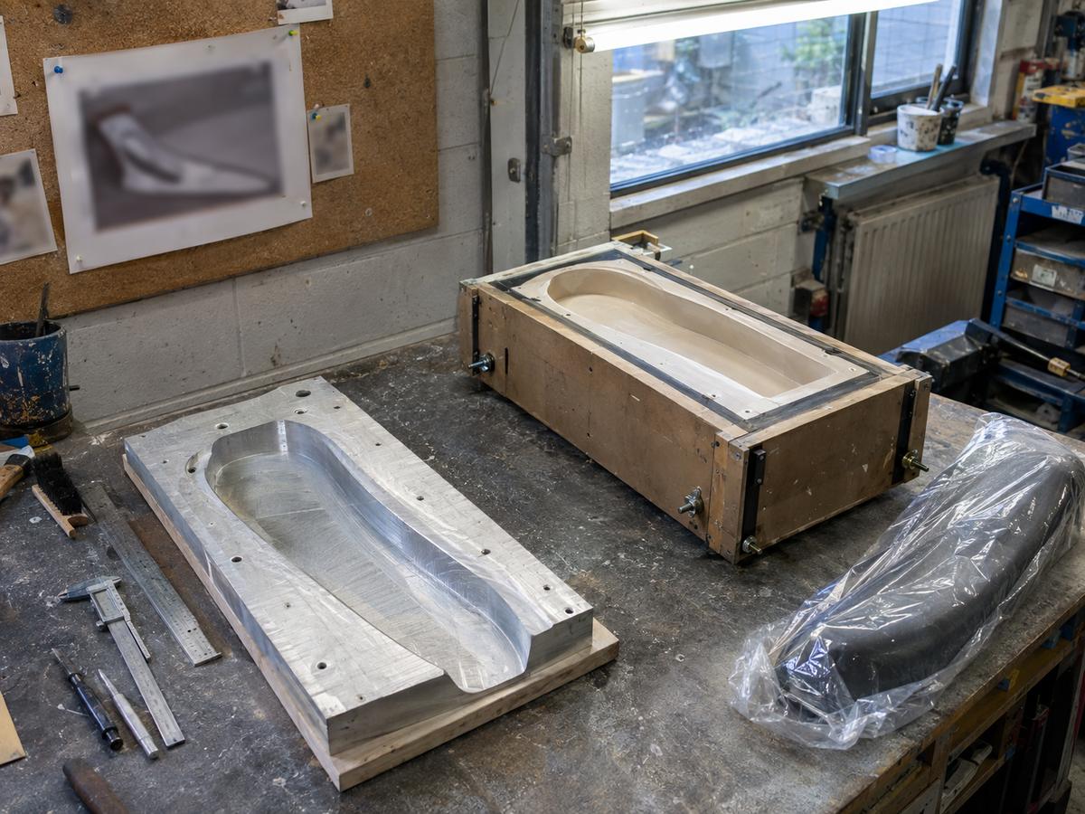 Reference image, pattern, mould setup and finished liner on one bench
