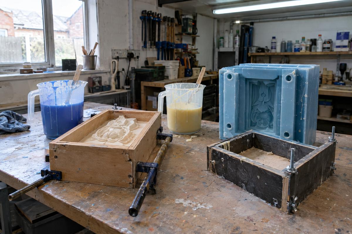 Bench setup for pouring silicone or polyurethane over a pattern