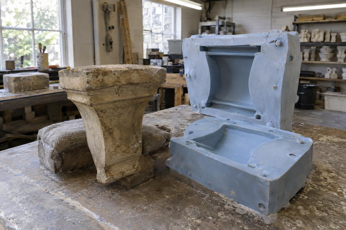Original keystone beside opened silicone mould for heritage reproduction