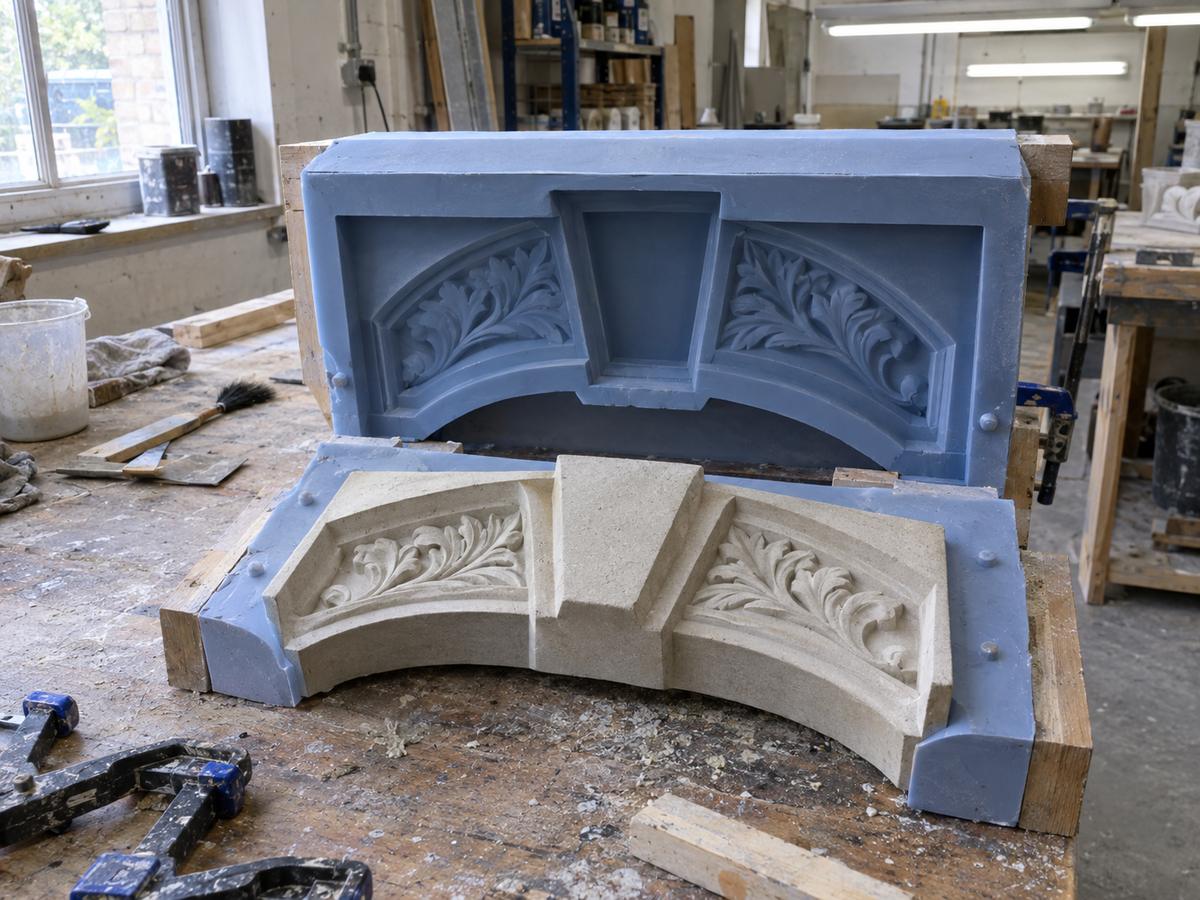 Two-part silicone mould for Georgian keystone with split on hidden top face