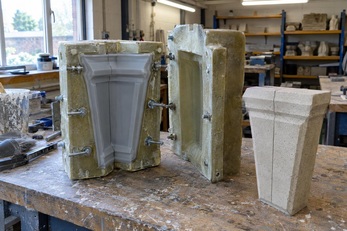 Silicone keystone mould inside matched rigid backing halves with first cast