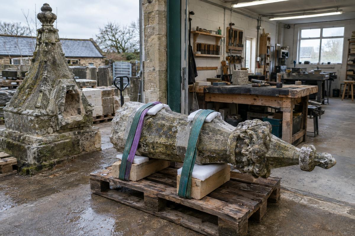Removed church finial section protected on supports for bench moulding