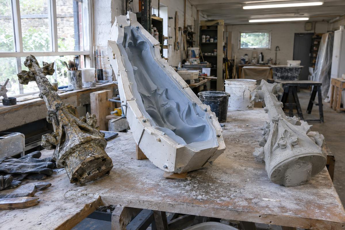 Church finial reproduction process with original, mould and lime concrete cast