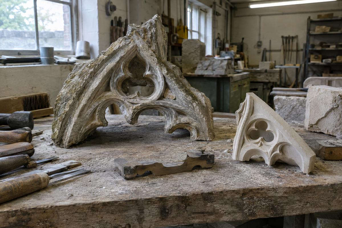 Surviving Gothic tracery section and test piece on workshop bench