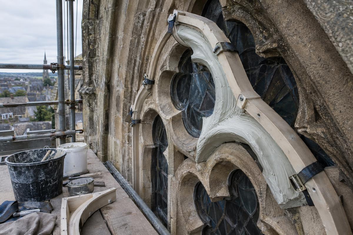 In-situ silicone moulding of Gothic window tracery from scaffold level