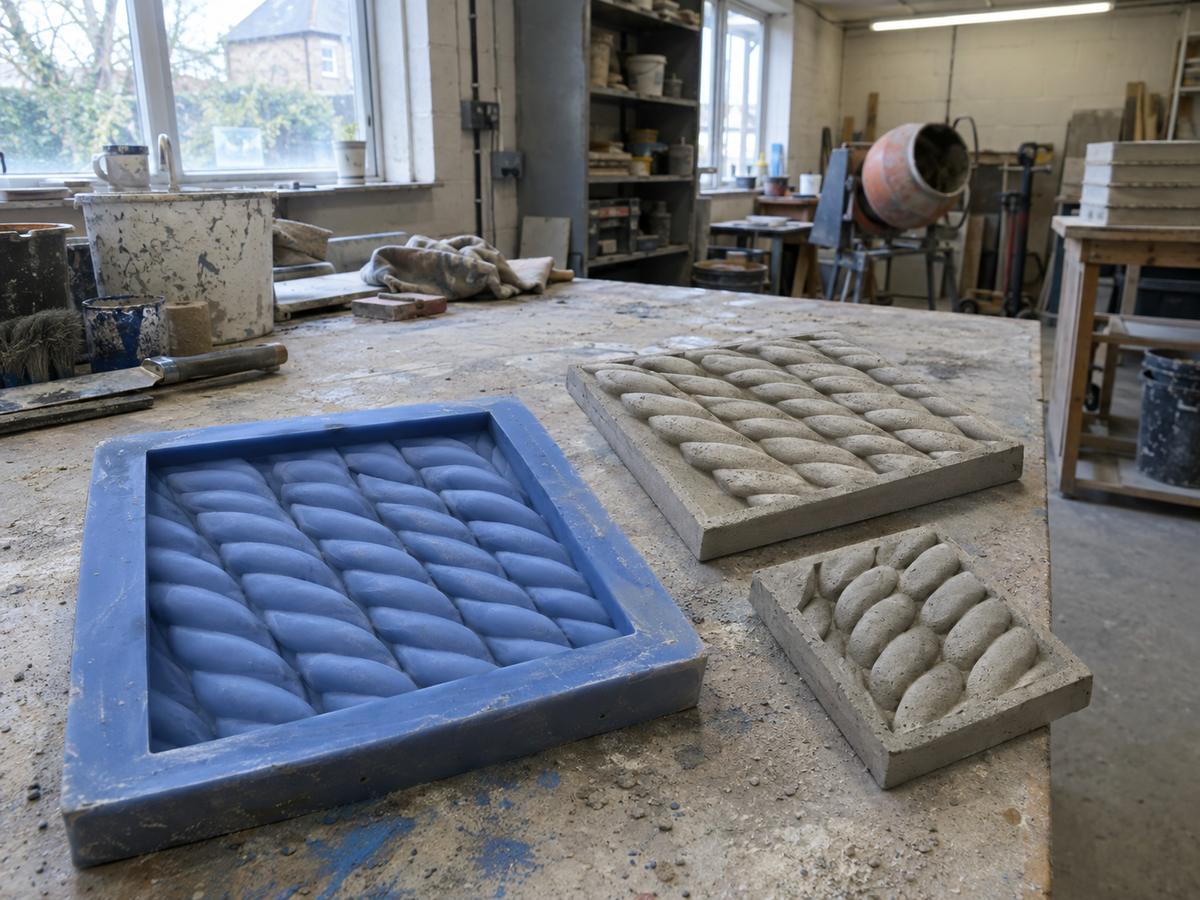 Rope-effect silicone sample mould beside small GRC trial panels