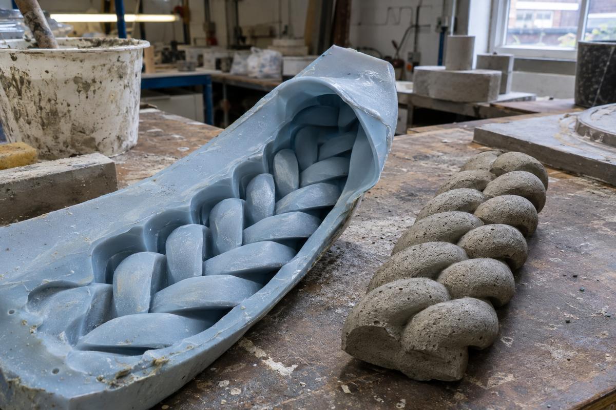 Rope-effect silicone mould showing flexible release around undercut relief
