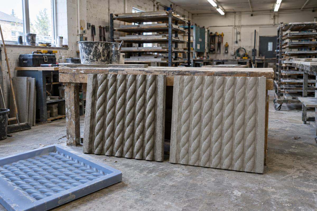 Two rope-effect concrete sample panels compared at different relief depths