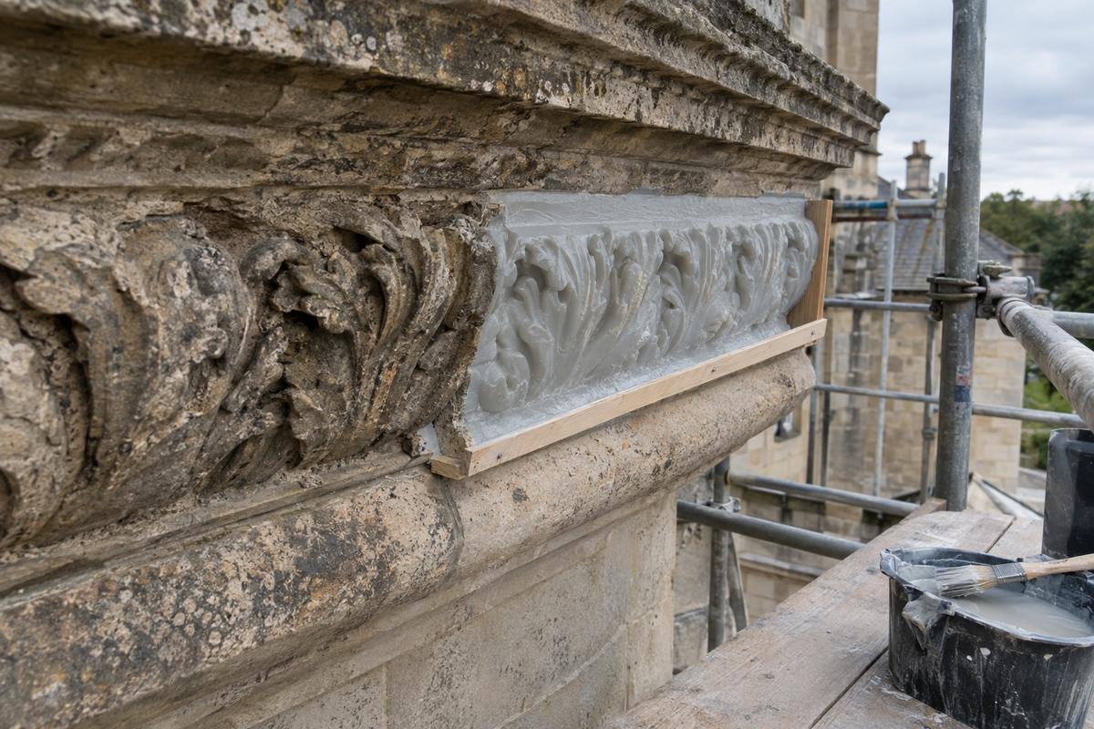 Silicone being built up over an original weathered stone cornice in situ